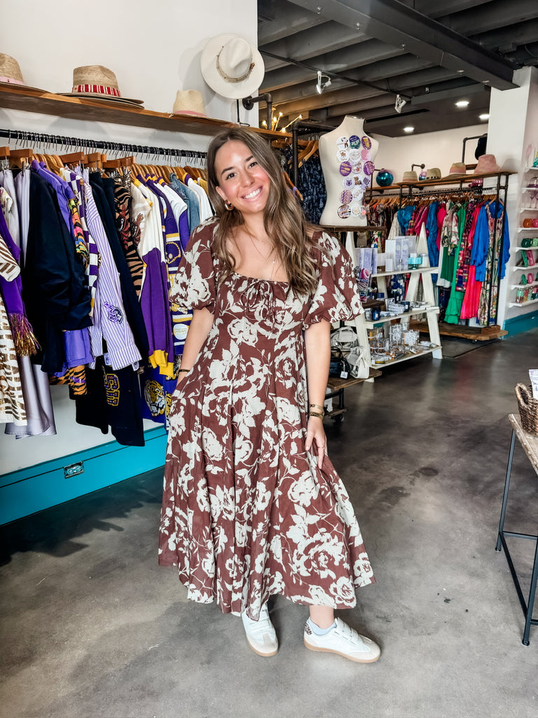 Sofie The Label Delphi Floral Printed Brown Midi Dress