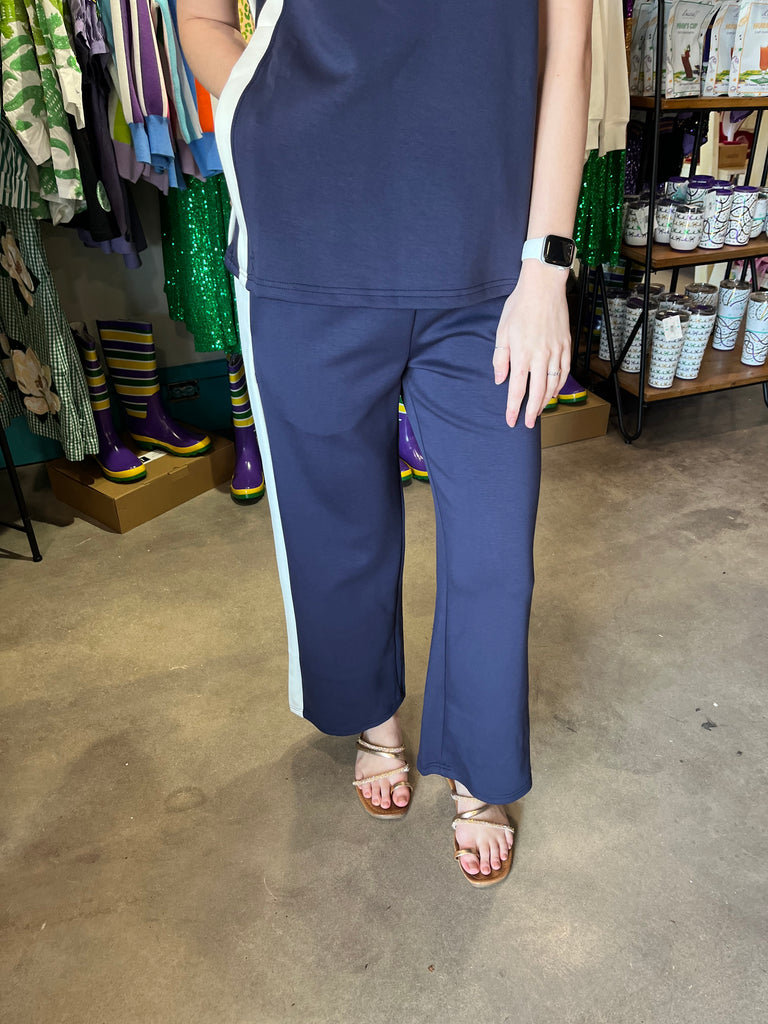 P. Cill Navy Butter Modal Side Stripe Wide Leg Pants