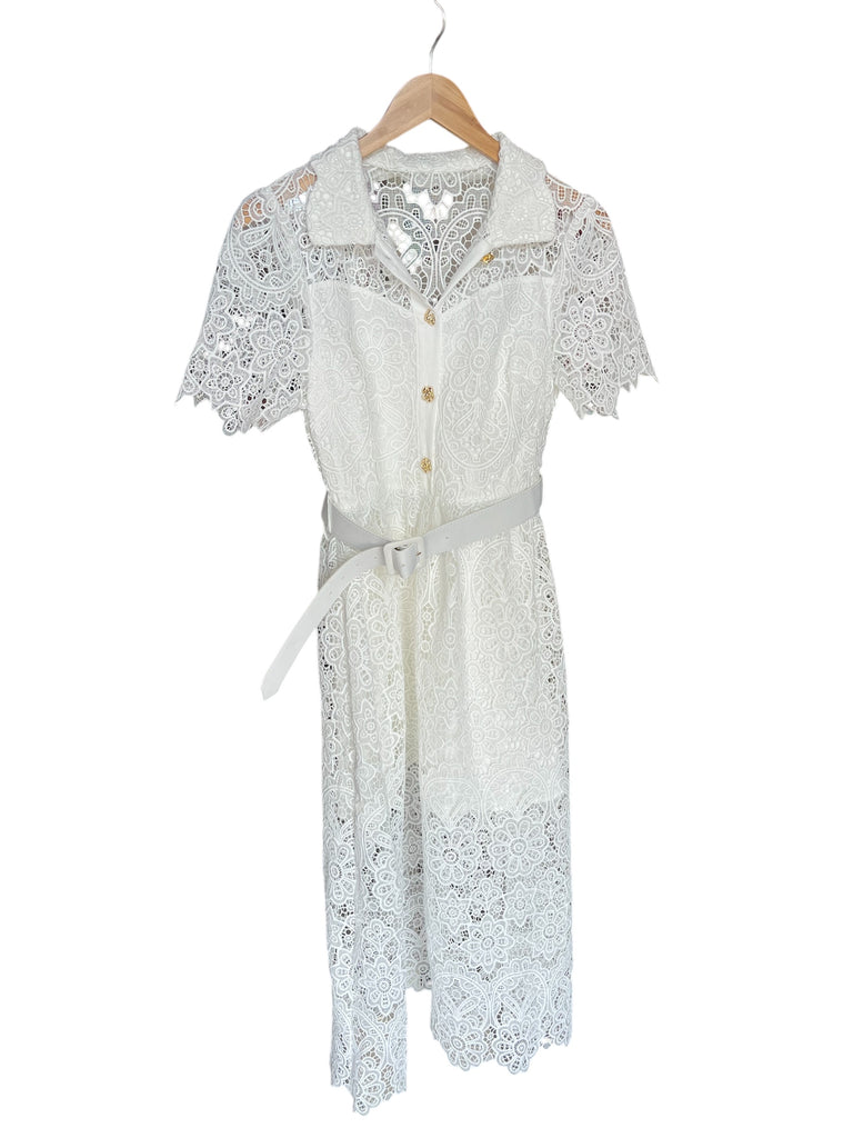 white shirt lace dress Fate by LFD Off White Belted Fit and Flare Lace Midi Dress