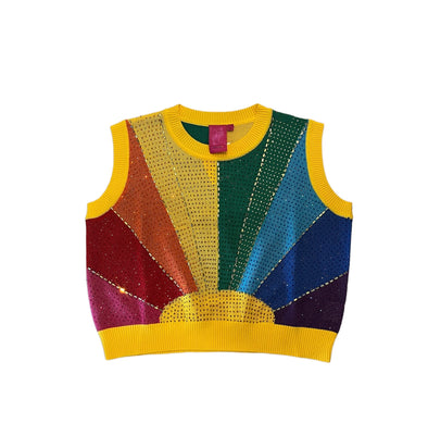 QOS Rainbow Sunshine Rhinestone Sweater Vest