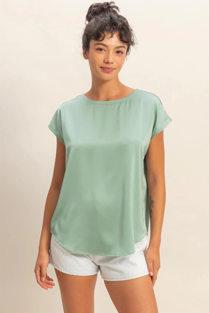 Double Zero Sage Green Satin Dolman Sleeve Blouse