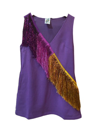 QOS Purple & Gold Diagonal Fringe Dress