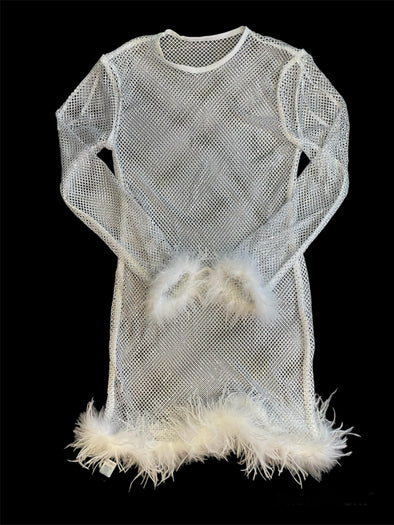 Beulah Style White Net Feather Dress