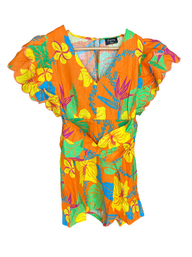 Fate by LFD Orange Tropical Linen Ruffle Sleeve Romper