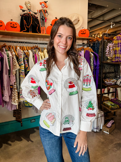 QOS White Cotton Snow Globe Button Up Long Sleeve Top