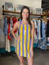 QOS Purple and Yellow Sequin Striped Overall Dress