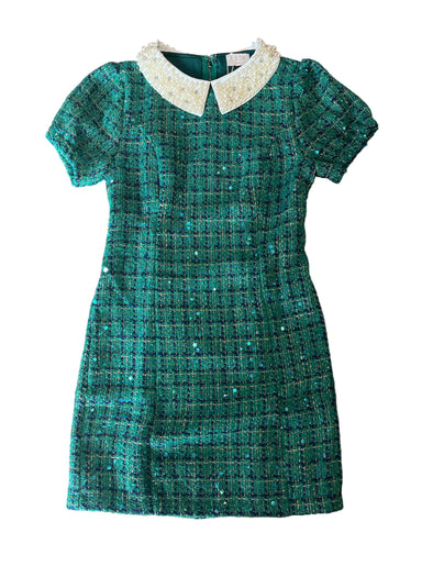 Fate by LFD Green Tweed Pearl Collar Dress