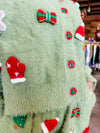 QOS Green Fuzzy Knit Christmas Icon Cardigan