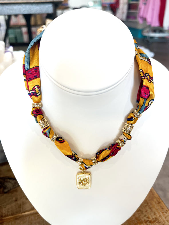 Scarf Necklace with Gold Tiger Pendant