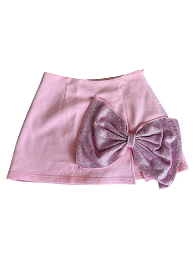 QOS Light Pink Oversized Rhinestone Bow Skort