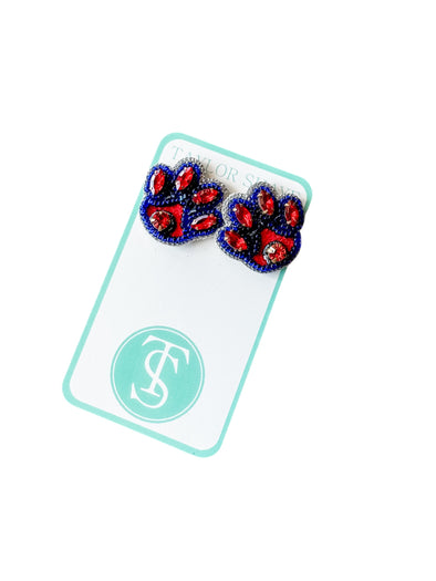 Taylor Shaye Red & Blue Beaded Paw Stud Earrings