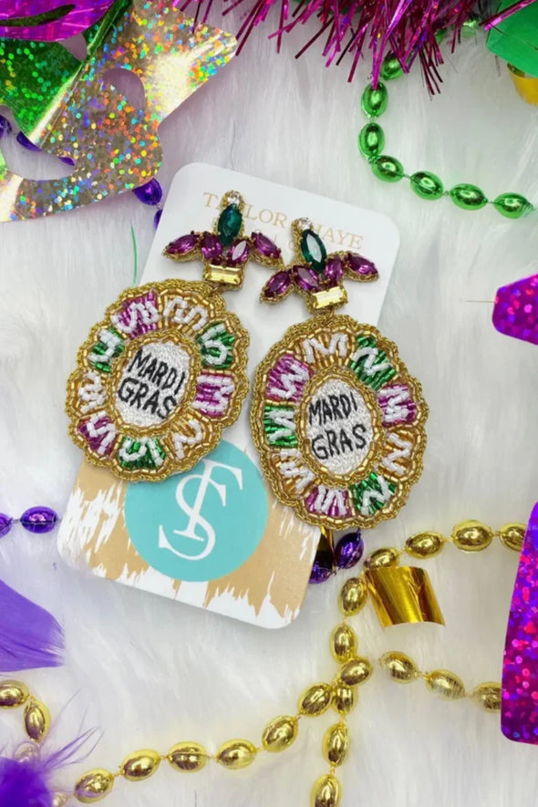 Taylor Shaye Mardi Gras Beaded King Cake Drop Earrings