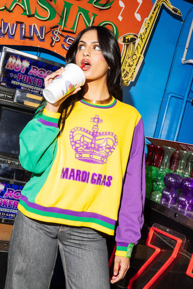 QOS Mardi Gras Color Block Crown Sweatshirt