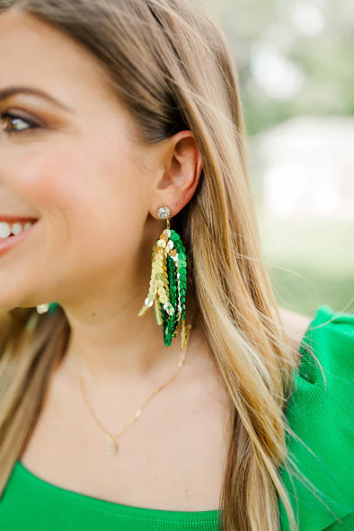 Taylor Shaye Green/Gold Sequin Tassel Earrings