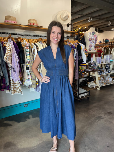 She+Sky Denim Blue Drop Shoulder Smocked Waist Midi Dress