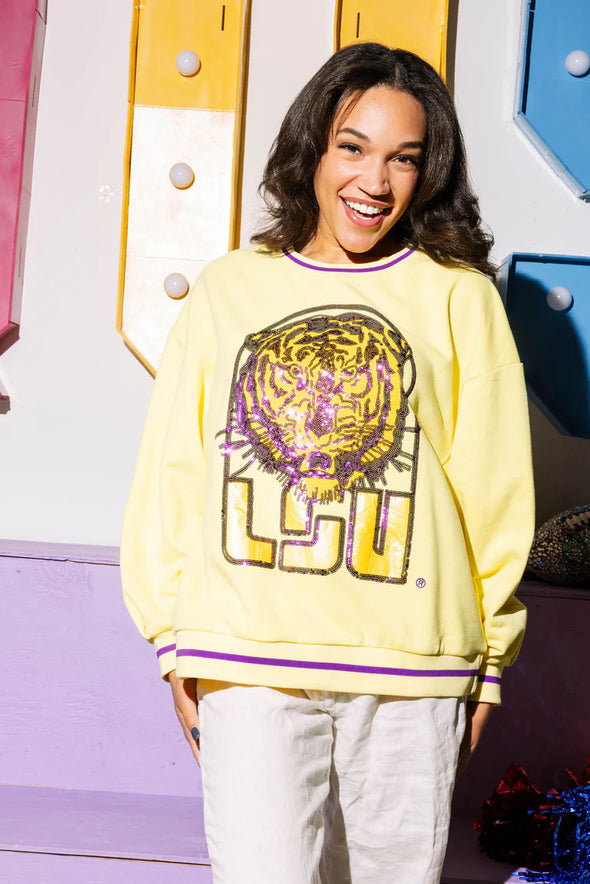 QOS  Pale Yellow Sequin Vintage LSU Tiger Head Sweatshirt