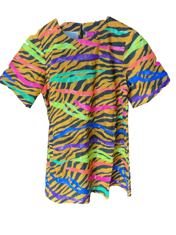 QOS Cotton Neon & Tiger Print Short Sleeve Dress