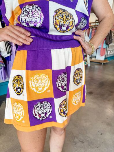 QOS Licensed Purple & Yellow Checkered LSU Tiger Skirt