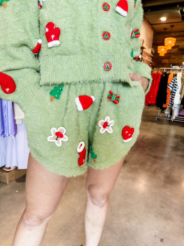 QOS Green Fuzzy Knit Christmas Icon Shorts