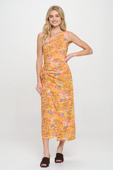 Meet Me In Santorini Golden Shoreline One Shoulder Wrap Midi Dress