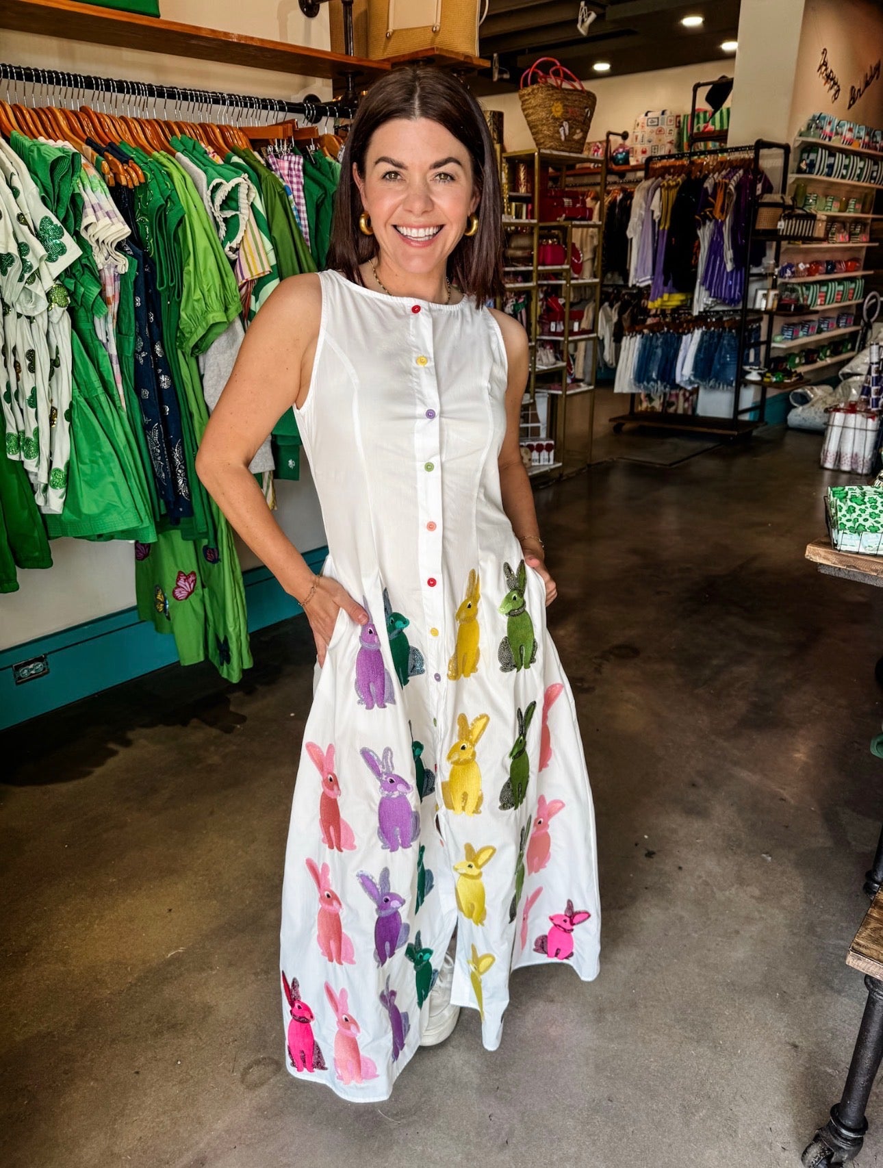 QOS White Multi Easter Bunny Up Cotton Midi Dress
