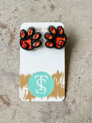 Taylor Shaye Orange and Black Beaded Paw Stud Earrings