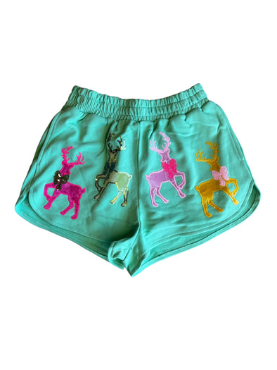 QOS Mint Green Shorts with Velvet Reindeer & Bows