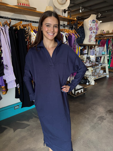 P. Cill Navy Collared Long Sleeve Midi Dress