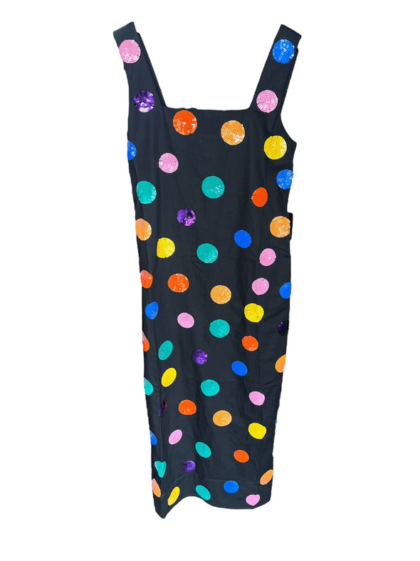 QOS Black Multi Polka Dot Cotton Midi Dress