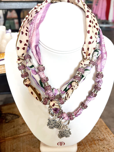 Scarf Necklace with Silver Tiger Head