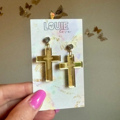 Louie Love Acrylic Religious Gold Cross Earrings