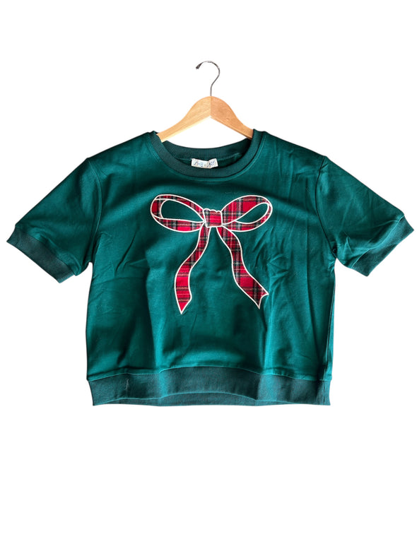 She+Sky Green Short Sleeve Plaid Bow Top