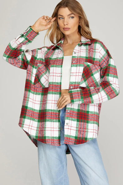 She+Sky Red/Green Button Down Plaid Shacket