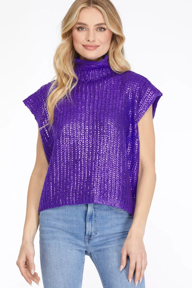 She+Sky Purple Metallic Foil Turtleneck Sweater Top
