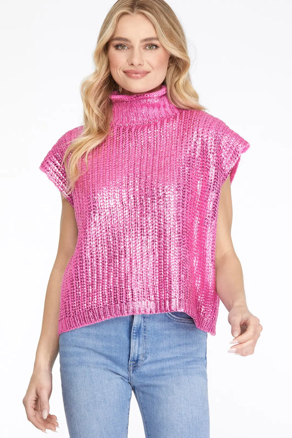 She+Sky Candy Pink Metallic Foil Turtleneck Sweater Top