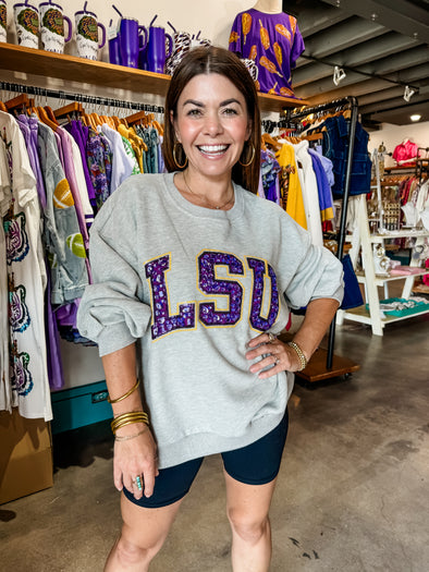 QOS Licensed LSU Jeweled Letter Sweatshirt