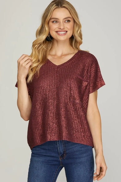 She+Sky Burgundy V Neck Metallic Sweater Top