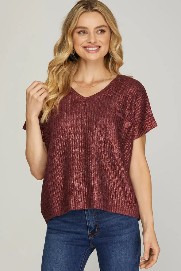 She+Sky Burgundy V Neck Metallic Sweater Top