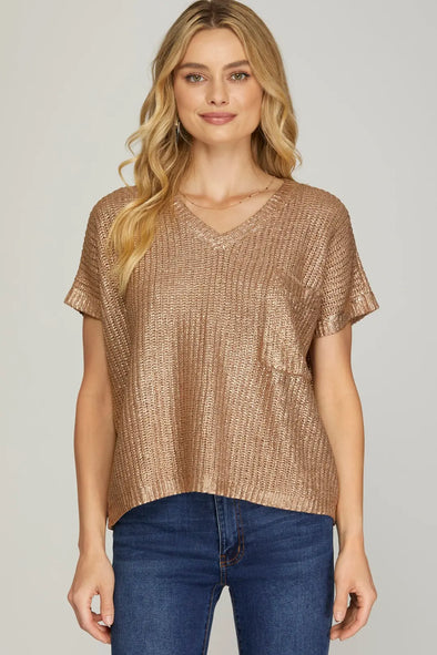 She+Sky Mocha Gold V Neck Metallic Sweater Top