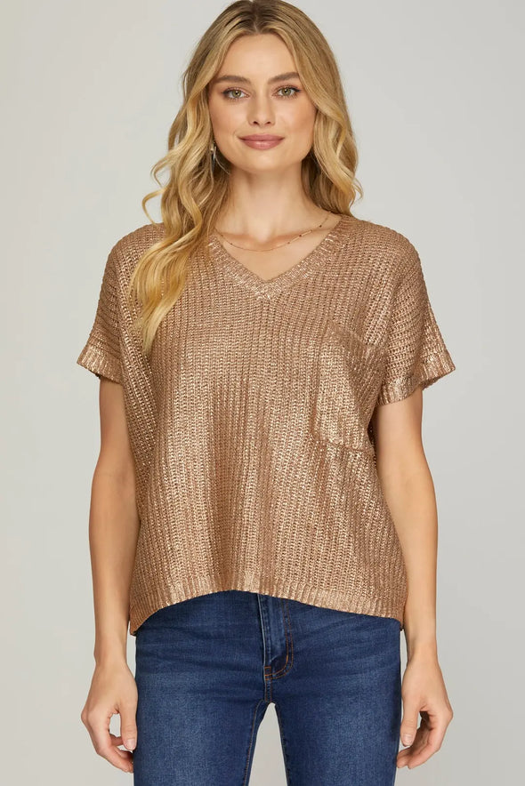 She+Sky Mocha Gold V Neck Metallic Sweater Top