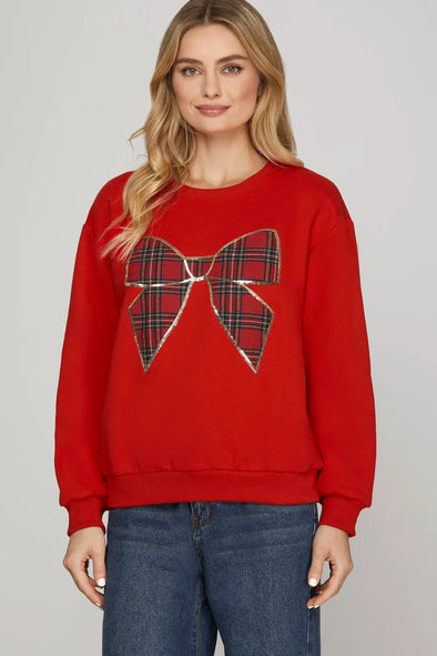 She+Sky Red Long Sleeve Christmas Plaid Bow Top