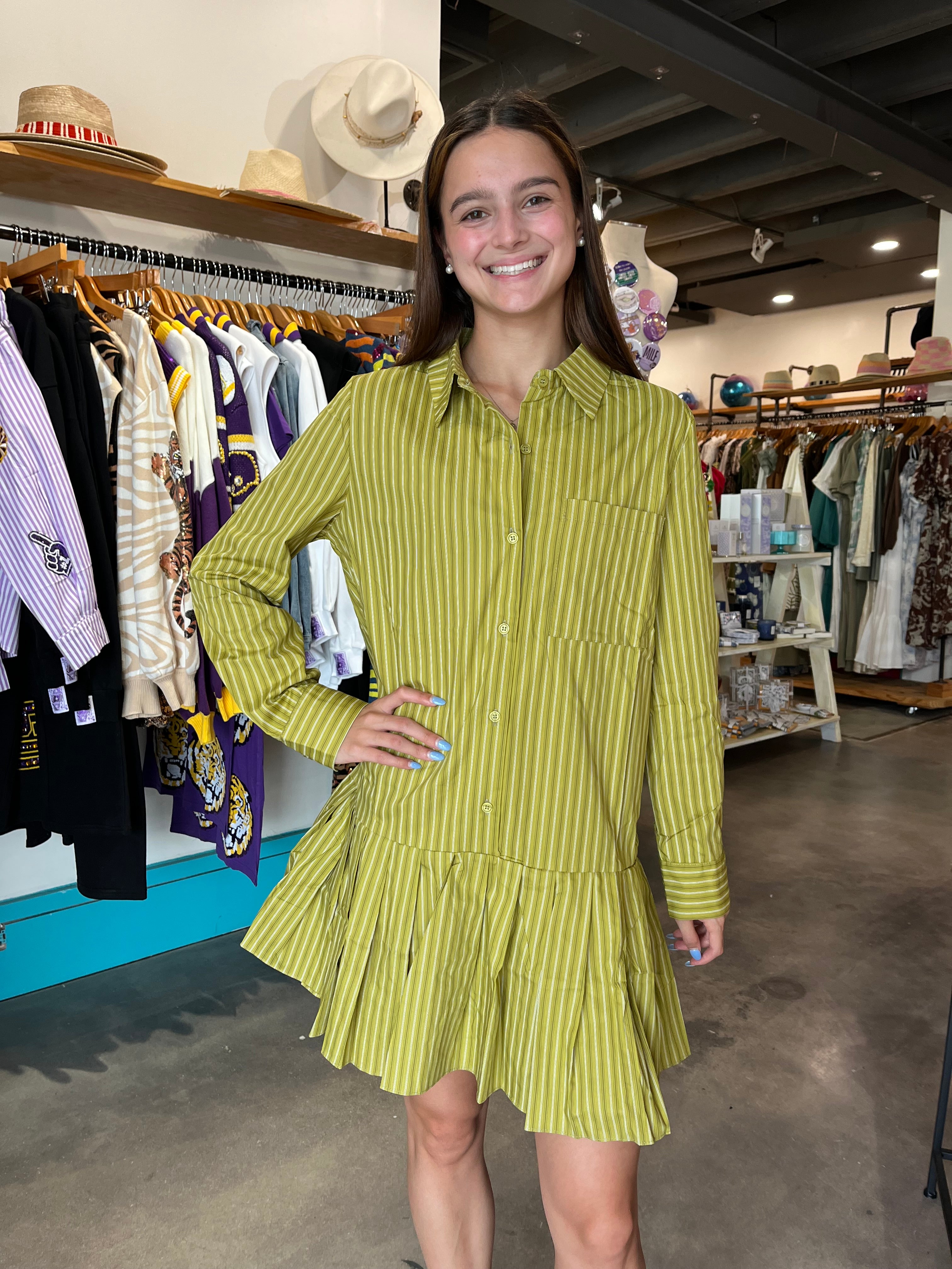 Meet Me in Santorini Olive Stripe Pleated Poplin Shirt Dress Meet Me in Santorini Olive Stripe Pleated Poplin Shirt Dress