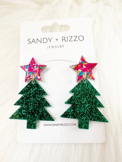 Glitter Tree with Pink Confetti Star Earrings