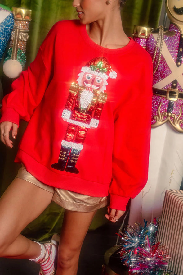 QOS Red Metallic Santa Nutcracker Sweatshirt