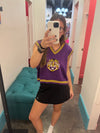 QOS Licensed LSU V-Neck Striped Cuff Sweater Vest