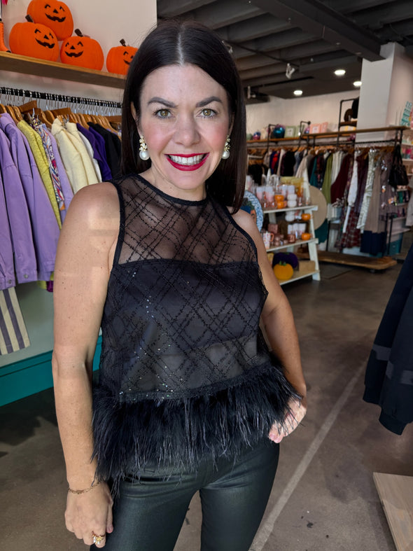 Lucy Paris Black Miley Feather Trim Top