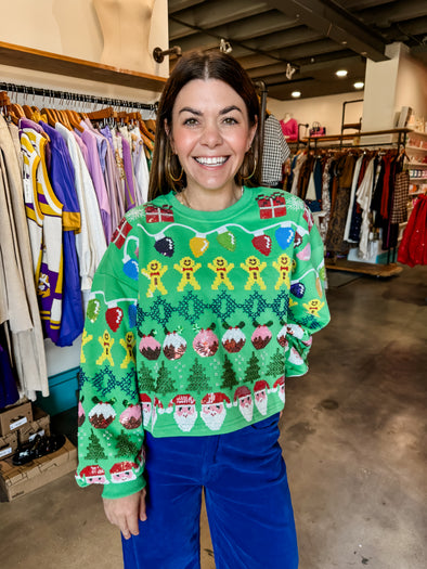 QOS Green Needlepoint Christmas Icon Sweatshirt