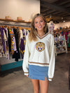 QOS Licensed LSU V-neck Striped Cuff Sweater with Small Mascot