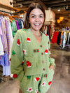 QOS Green Fuzzy Knit Christmas Icon Cardigan