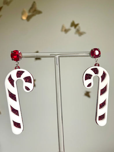 Louie Love Red Glitter Candy Cane Acrylic Earrings